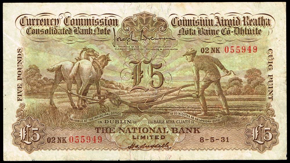 Currency Commission Consolidated Banknote 'Ploughman' National Bank Five Pounds, 8-5-31 at Whyte's Auctions