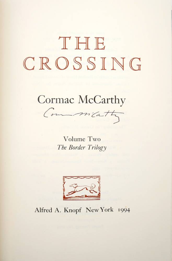 McCarthy, Cormac. The Crossing, signed. at Whyte's Auctions