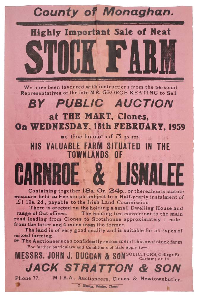 1959 Auction Notice Stock Farm Co. Monaghan. at Whyte's Auctions