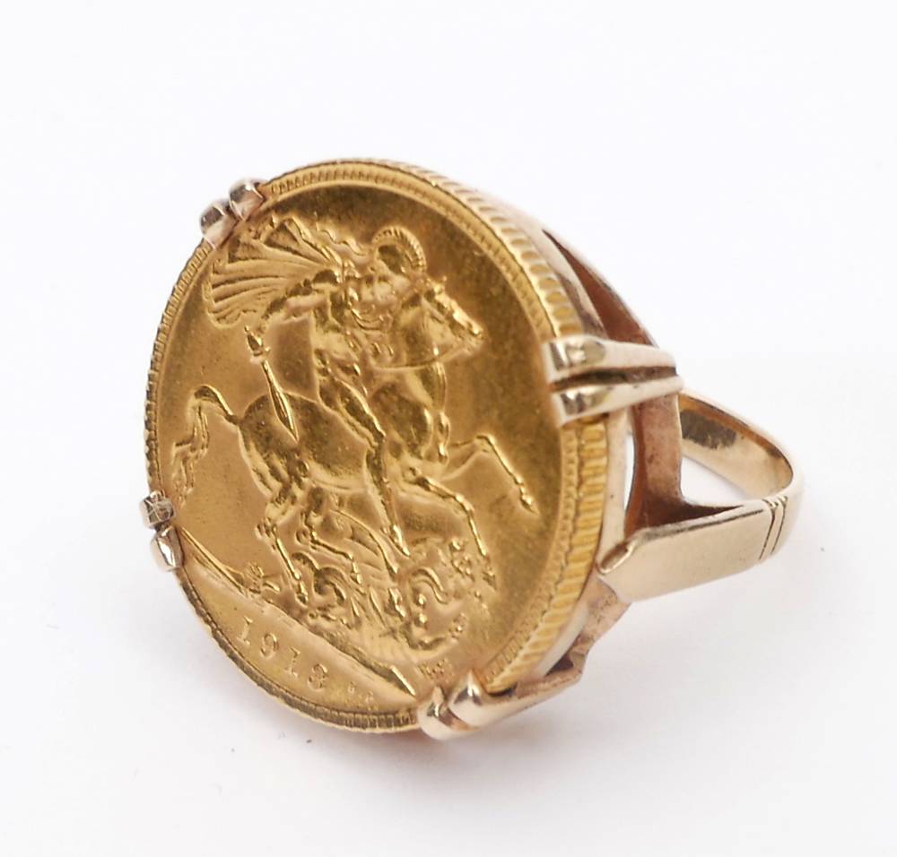 George V gold sovereign mounted as a ring. at Whyte's Auctions