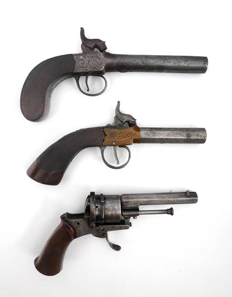 Two percussion muff pistols and a revolver. at Whyte's Auctions