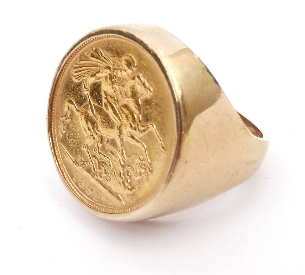 Victoria gold sovereign, 1893, mounted in 9ct gold ring. at Whyte's Auctions