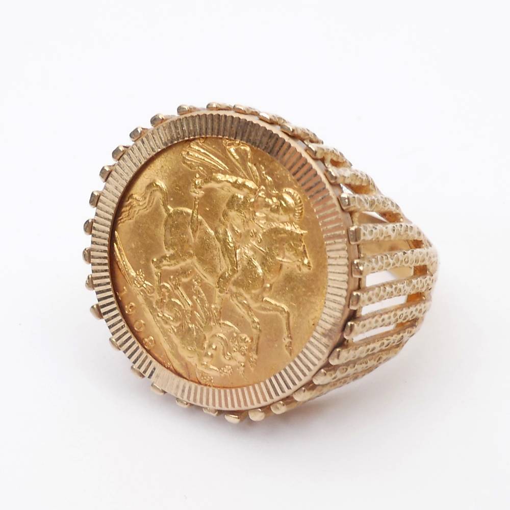 Edward VII gold sovereign, 1908, mounted in 9ct gold ring. at Whyte's Auctions