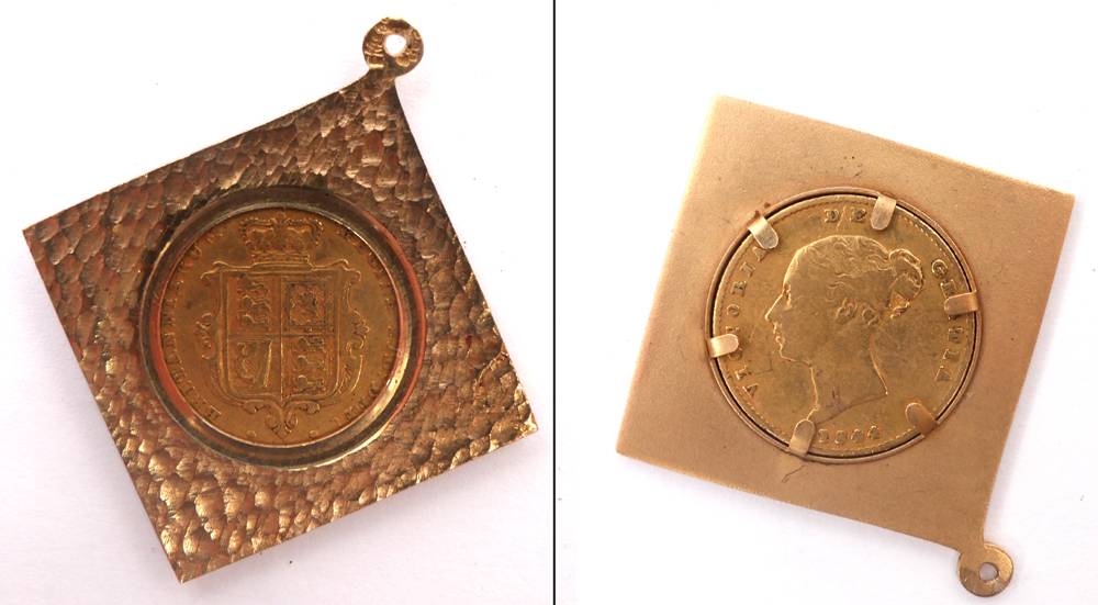 Victoria gold half sovereign, Young Head, 1844, mounted in 9ct gold pendant. at Whyte's Auctions