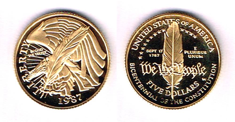USA. 1987 Bicentenary of The Constitution silver dollar and gold five dollars at Whyte's Auctions