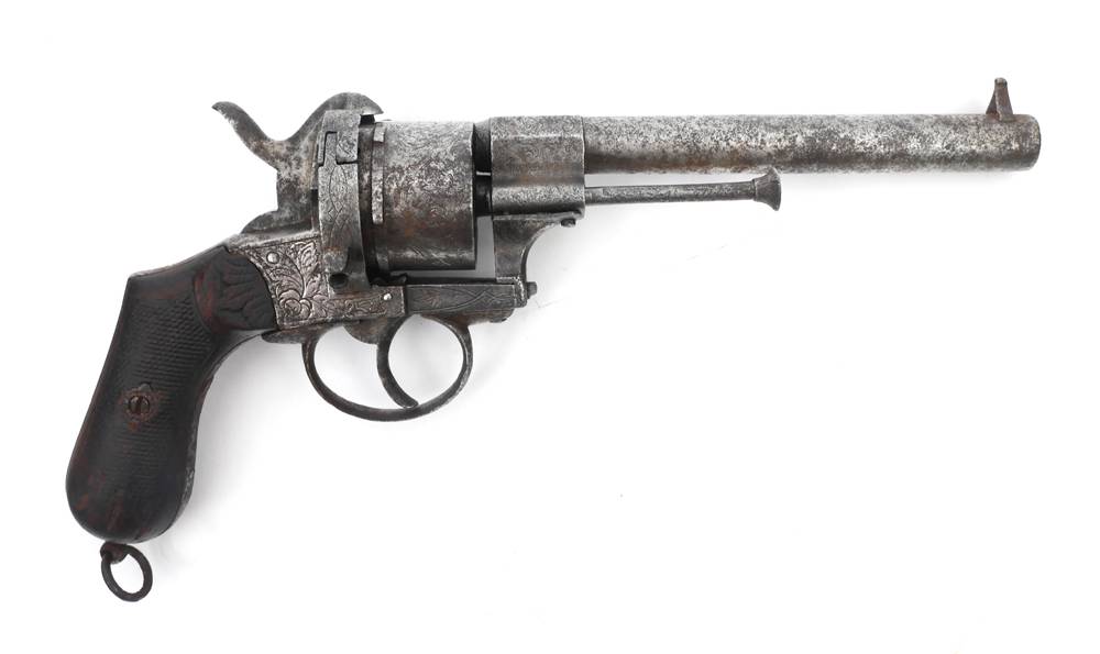 Belgian open frame pin-fire revolver at Whyte's Auctions