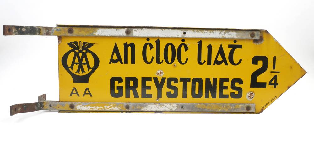Mid 20th century, Automobile Association yellow enamel finger road sign for Greystones, Co. Wicklow. at Whyte's Auctions