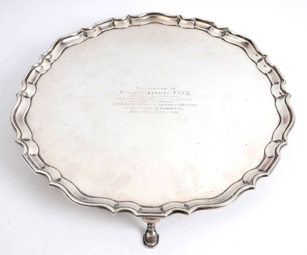 A George V silver tray on pad feet at Whyte's Auctions