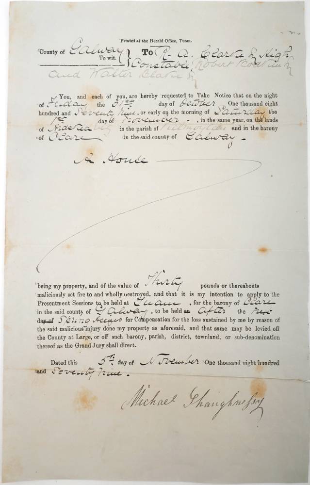 1879 (November 5) Land Wars. Application for compensation for loss of a house maliciously set fire to and an 18th century indenture. at Whyte's Auctions