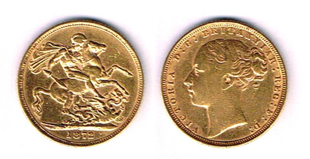 Victoria gold sovereigns, 1872 and 1874. at Whyte's Auctions