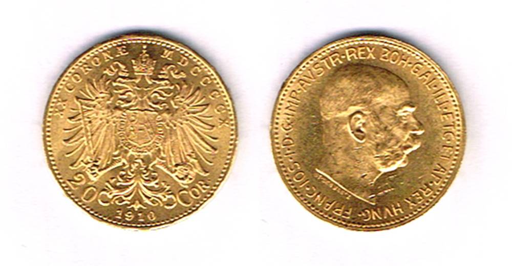 Austro-Hungarian Empire. Franz Josef gold twenty coronas, 1910. at Whyte's Auctions