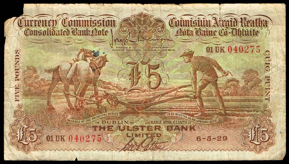 Currency Commission 'Ploughman' Ulster Bank Five Pounds, 6-5-29 at Whyte's Auctions