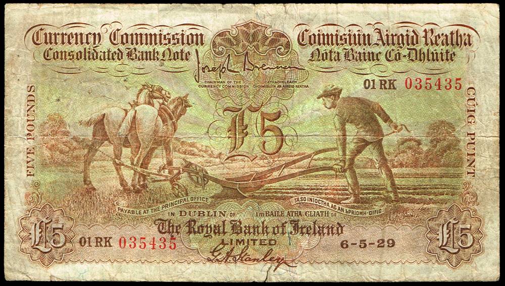 Currency Commission 'Ploughman' Royal Bank of Ireland Five Pounds, 6-5-29 at Whyte's Auctions
