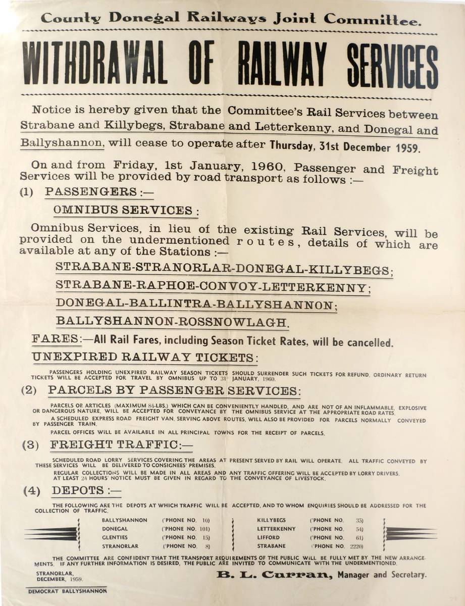 1959 County Donegal Railway, Withdrawal of Railway Services notice. at Whyte's Auctions