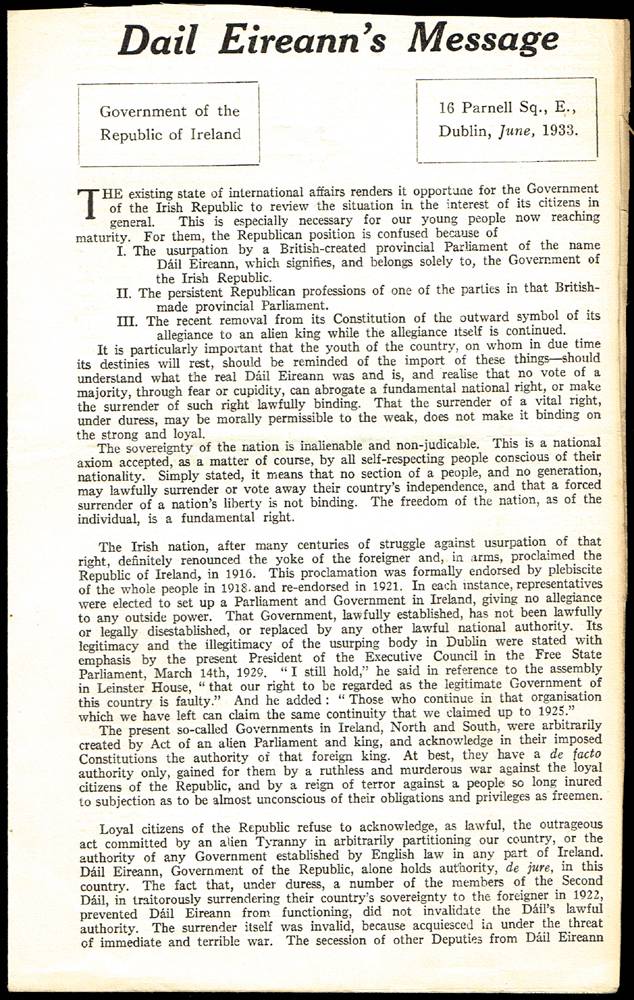 1933. Sinn Fein 'Executive Council, Dail Eireann' Message. at Whyte's Auctions
