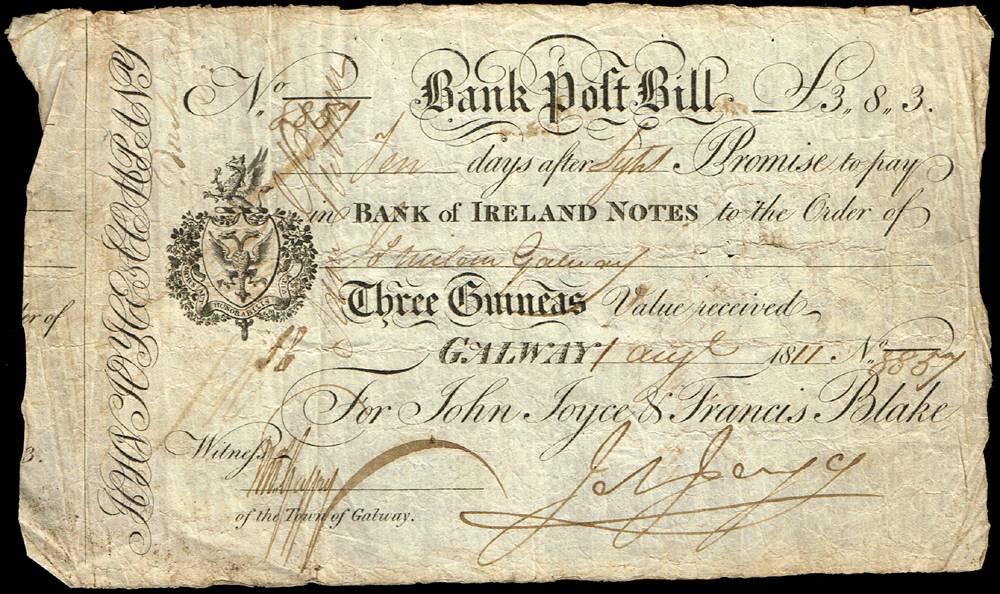 1811 John Joyce and Francis Blake Galway, Three Guineas Bank Post Bill. at Whyte's Auctions