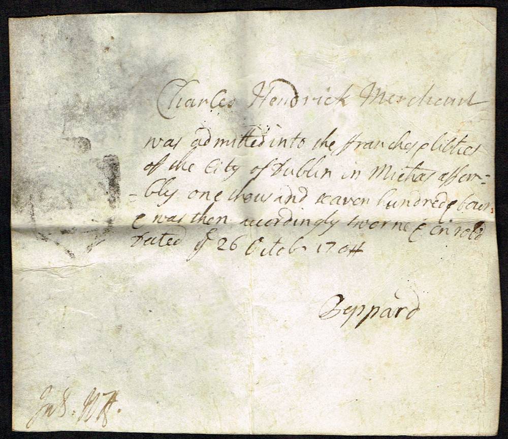 1704, 26 October, Initiation of Charles Hendrick into the Guild of Merchants of the City of Dublin. at Whyte's Auctions