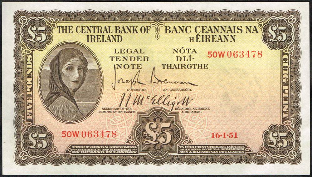 Central Bank 'Lady Lavery' Five Pounds, 16-1-51,  ten sequentially numbered. at Whyte's Auctions