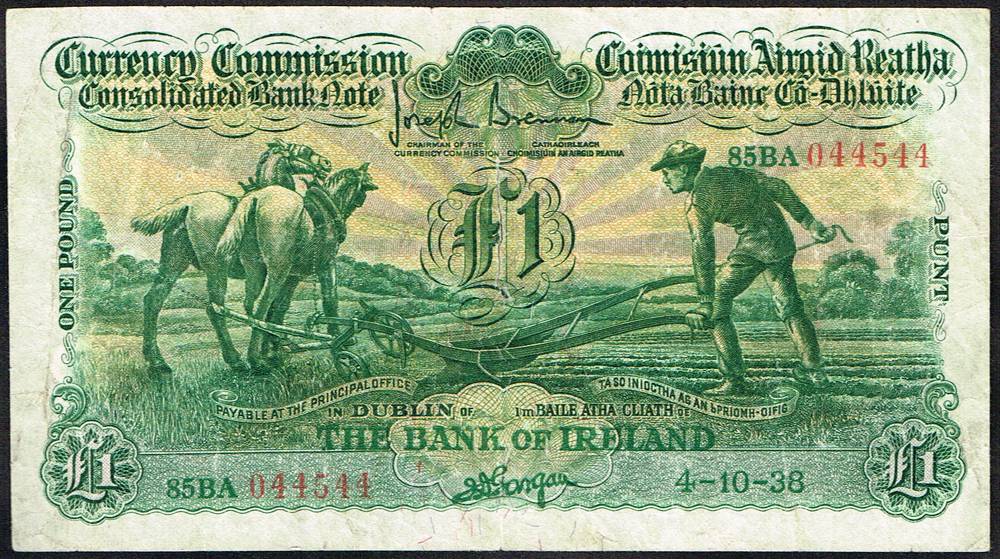 Currency Commission Consolidated Banknote 'Ploughman' Bank of Ireland One Pound, 4-10-38 at Whyte's Auctions