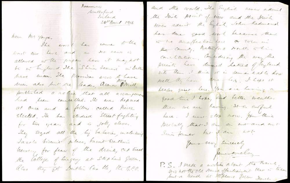 1916 (26 April) letter from Waterford describing the Rising. at Whyte's Auctions