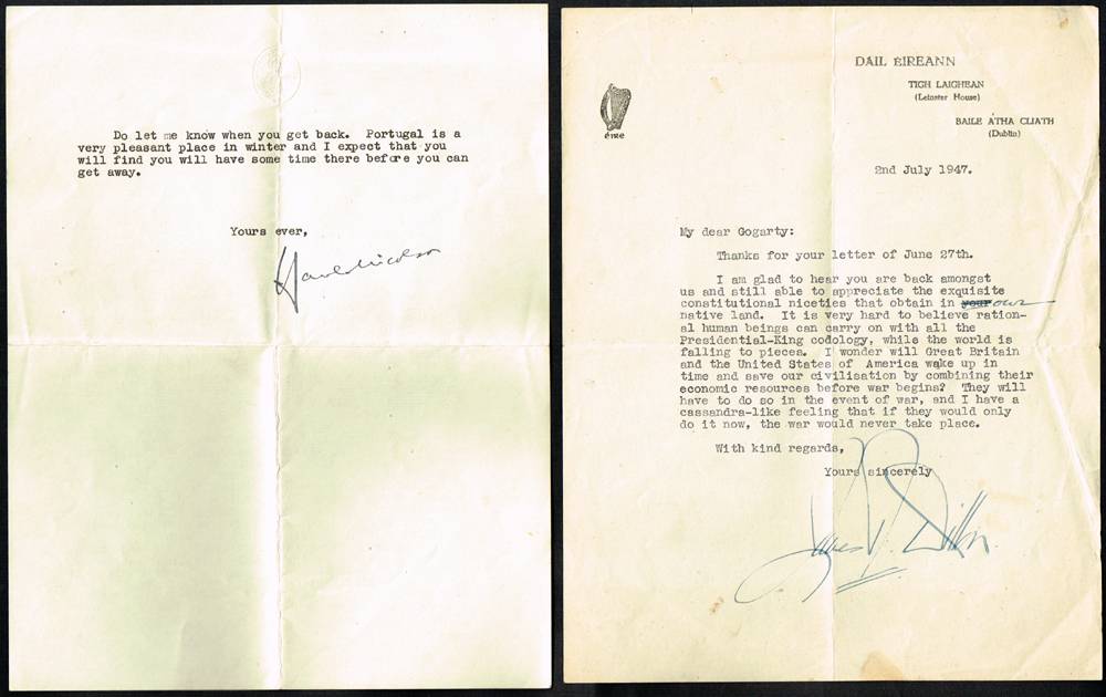 1939 and 1947 two letters to Oliver St. John Gogarty from members of parliament in Britain and Ireland. at Whyte's Auctions