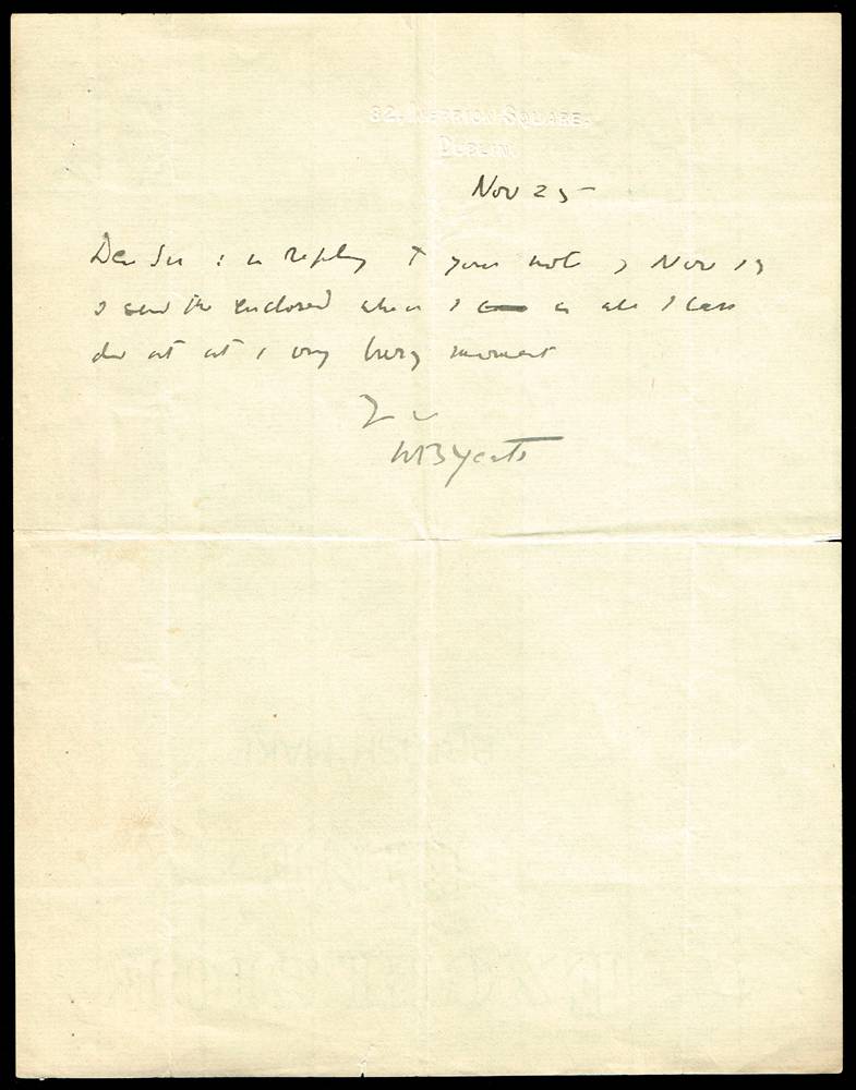 1927-28. two letters from Georgie Yeats, and a note from her husband, William Butler Yeats, both signed. at Whyte's Auctions