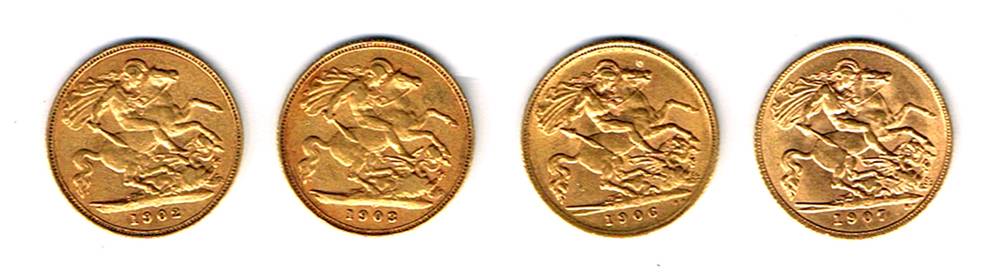 Edward VII gold half sovereigns 1902, 1903, 1906 and 1907. at Whyte's Auctions