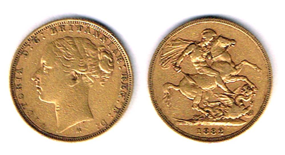 Victoria, two gold sovereigns and two crowns. at Whyte's Auctions