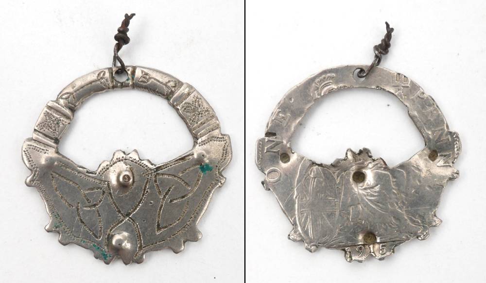 1916 Rising. Prisoner art - a  penny coin fashioned into a brooch at Whyte's Auctions