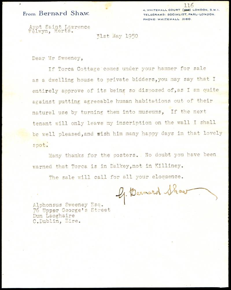 1950 (31 May) Signed letter from George Bernard Shaw regarding the sale of Torca Cottage, his former home in Dalkey. at Whyte's Auctions