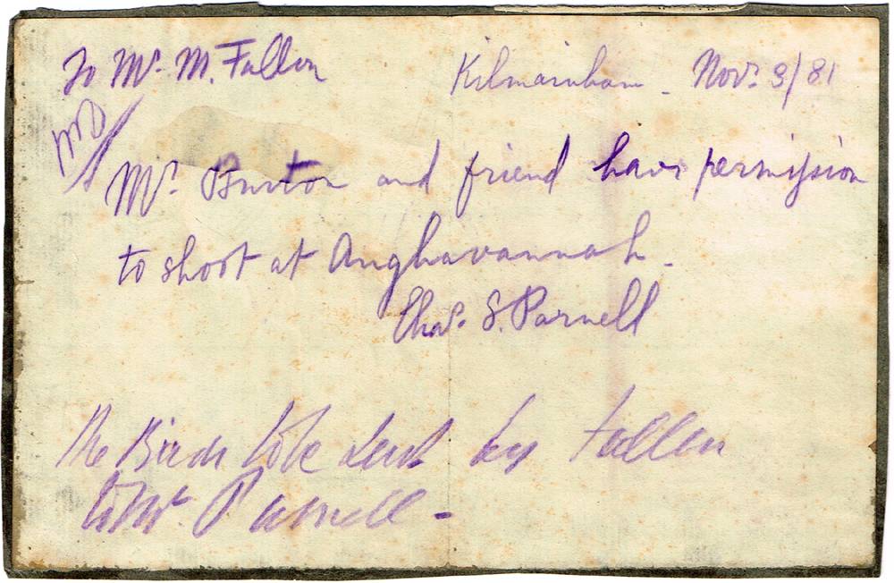 1881 (3 November) Signed note by Charles Stewart Parnell while imprisoned in Kilmainham. at Whyte's Auctions