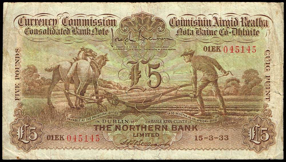Currency Commission Consolidated Banknote 'Ploughman' Northern Bank Five Pounds, 15-3-33 at Whyte's Auctions