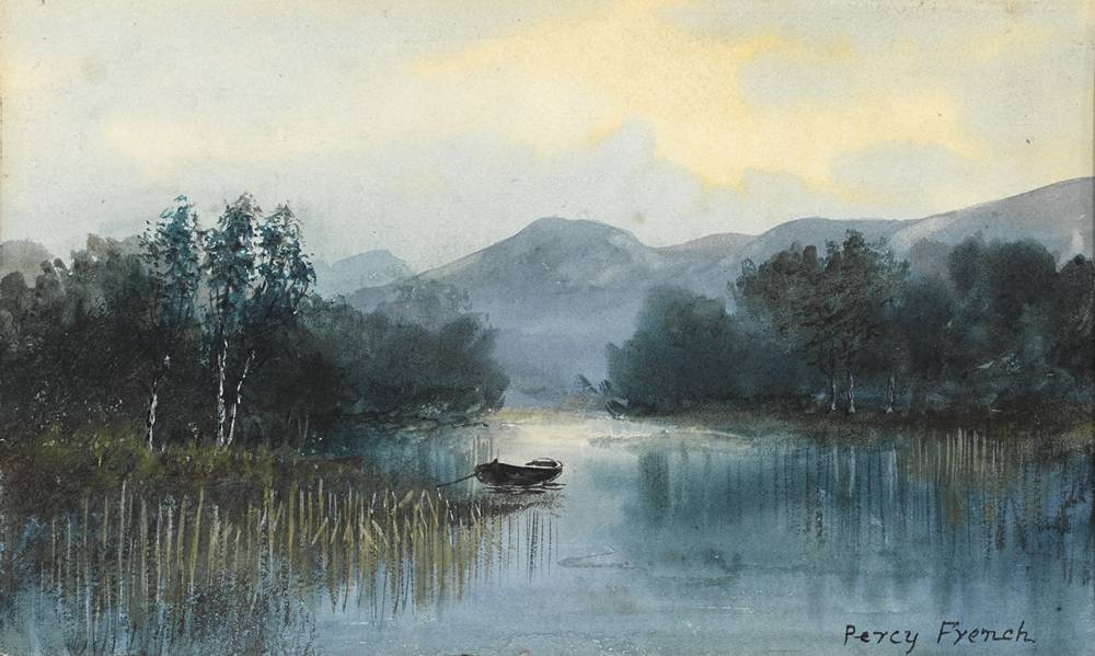 BOAT ON A LAKE WITH MOUNTAINS IN THE DISTANCE by William Percy French (1854-1920) at Whyte's Auctions