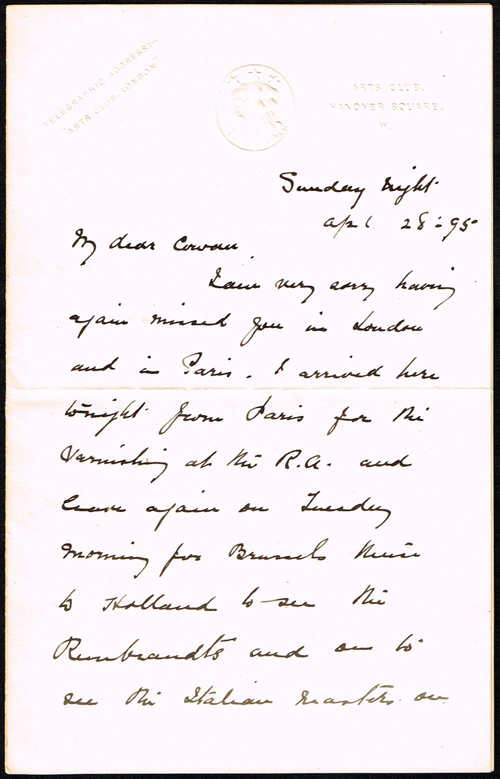 AUTOGRAPHED LETTER TO SCOTTISH PATRON J.J. COWAN, 28 APRIL 1895 by Sir John Lavery RA RSA RHA (1856-1941) RA RSA RHA (1856-1941) at Whyte's Auctions