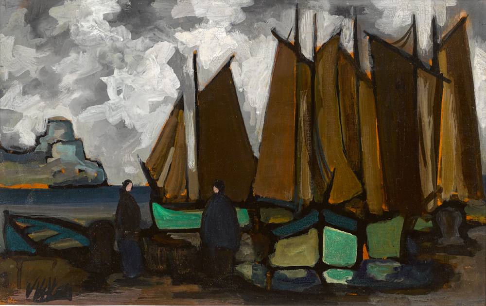 GALWAY HOOKERS BY A QUAY by Markey Robinson (1918-1999) (1918-1999) at Whyte's Auctions