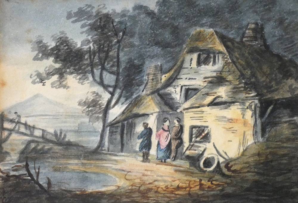 FIGURES BY A COTTAGE AND LAKE by John Henry Campbell (1757-1828) at Whyte's Auctions