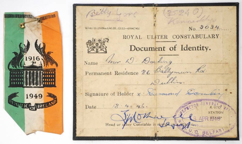 1945-1949 Royal Ulster Constabulary Document of Identity and Sinn Fin membership books. at Whyte's Auctions