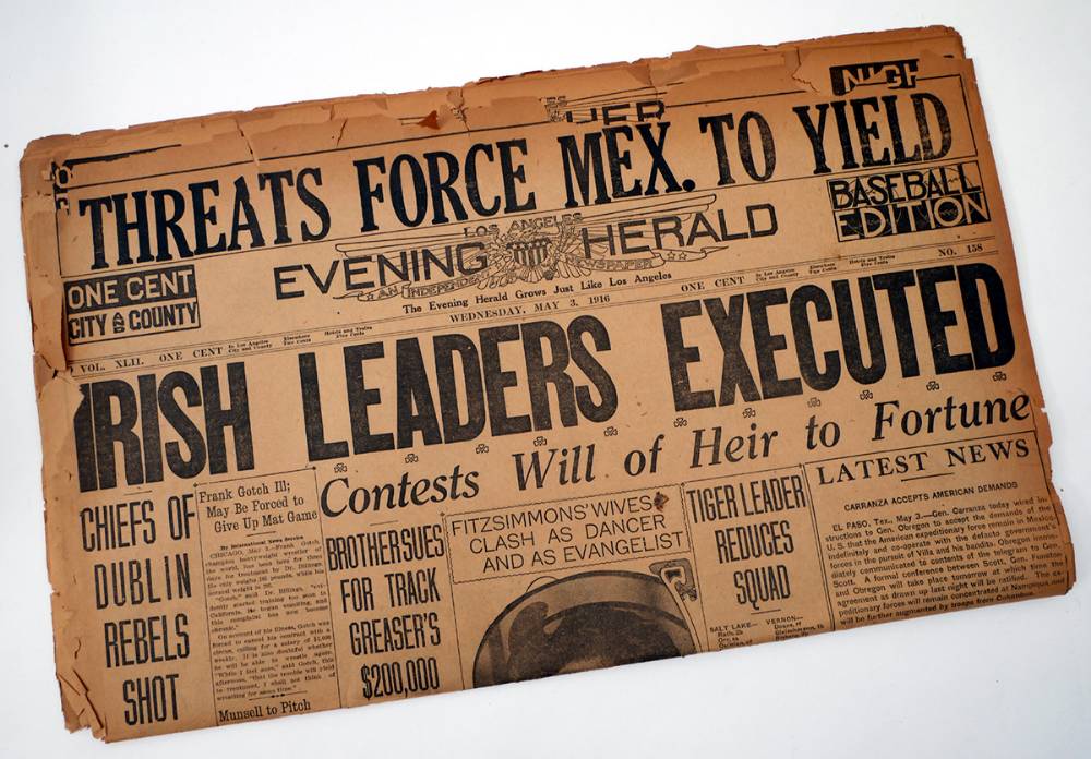 1916, May 3, Los Angeles Evening Herald newspaper with banner 'IRISH LEADERS EXECUTED'. at Whyte's Auctions