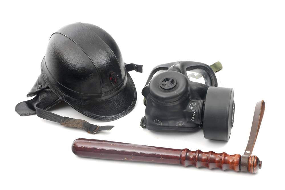 1969 Battle of the Bogside, Royal Ulster Constabulary riot helmet and gas mask. at Whyte's Auctions