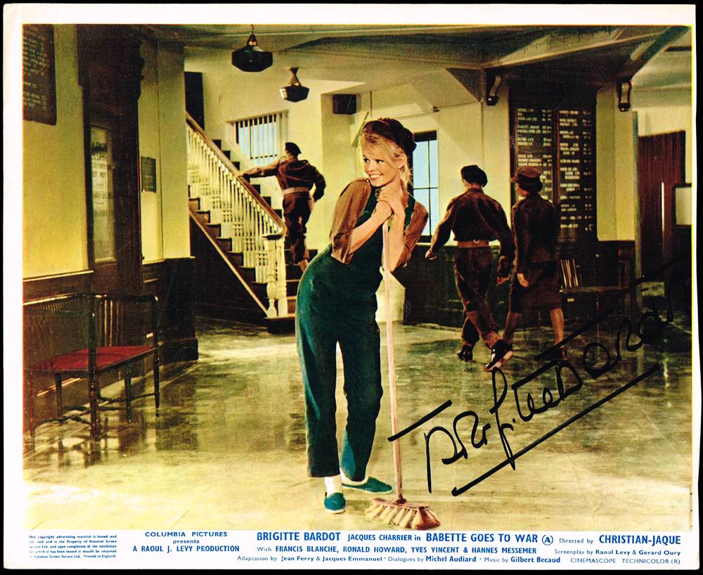 Babette Goes to War, lobby card signed by Brigitte Bardot. at Whyte's Auctions