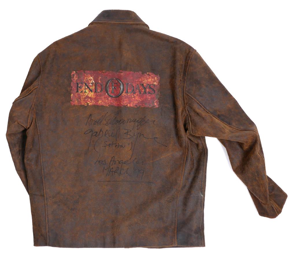 End of Days, leather crew jacket, signed by Arnold Schwarzenegger and Gabriel Byrne. at Whyte's Auctions