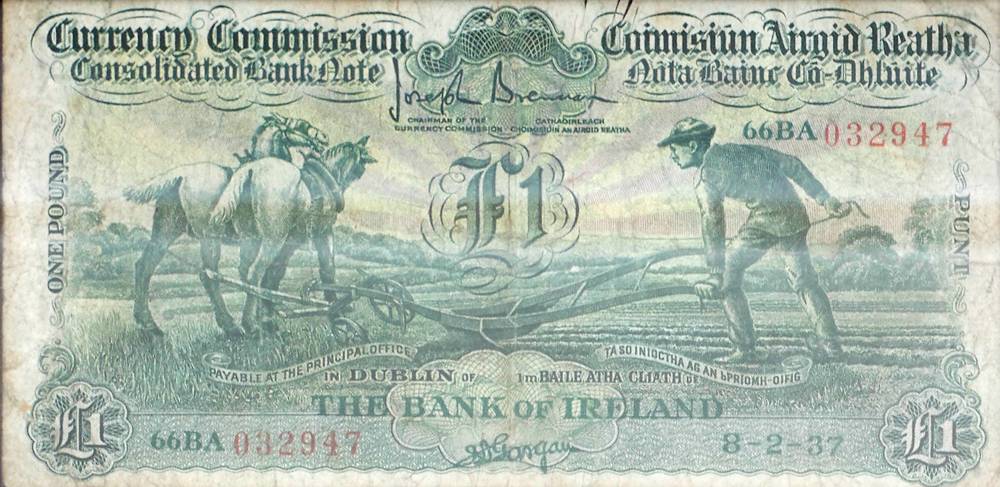 Currency Commission Consolidated Banknote, 'Ploughman' Bank of Ireland One Pound, 8-2-37. at Whyte's Auctions
