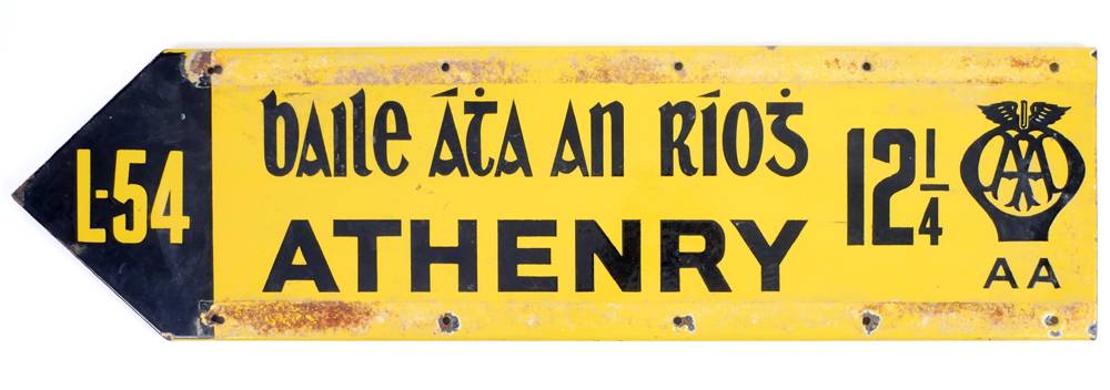 Mid 20th century, Automobile Association yellow enamel finger road sign for Athenry, Co. Galway. at Whyte's Auctions
