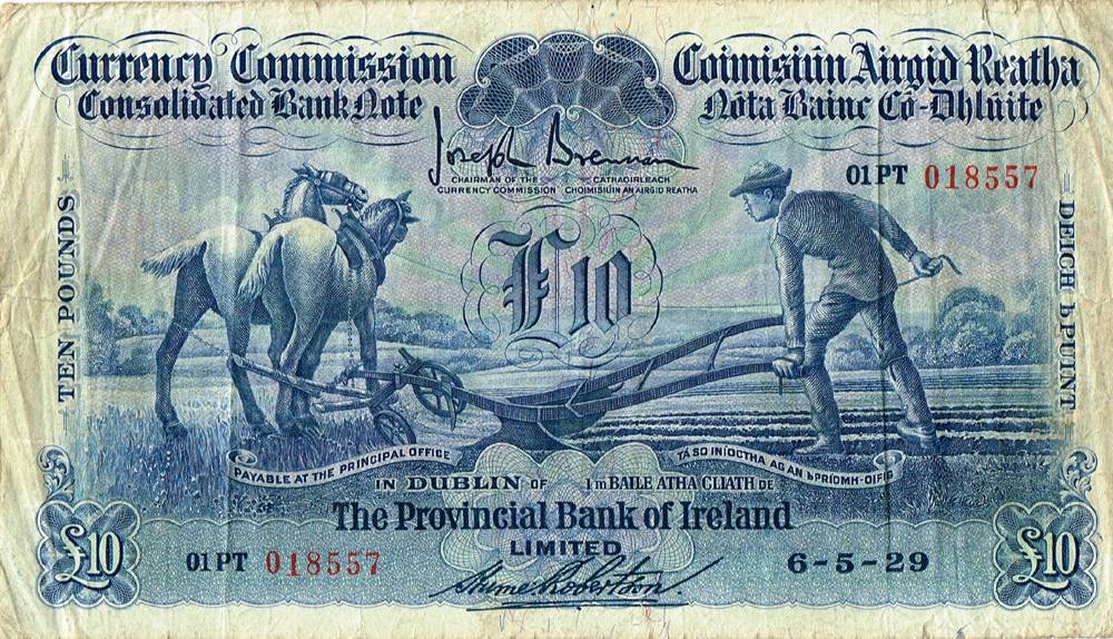 Currency Commission Consolidated Banknote 'Ploughman' Provincial Bank of Ireland Ten Pounds, 6-5-29 at Whyte's Auctions