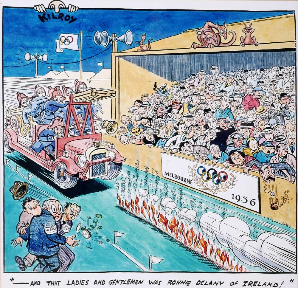 Michel  Nuallin cartoon of Ronnie Delaney's victory in the mile at the Melbourne Olympics. at Whyte's Auctions
