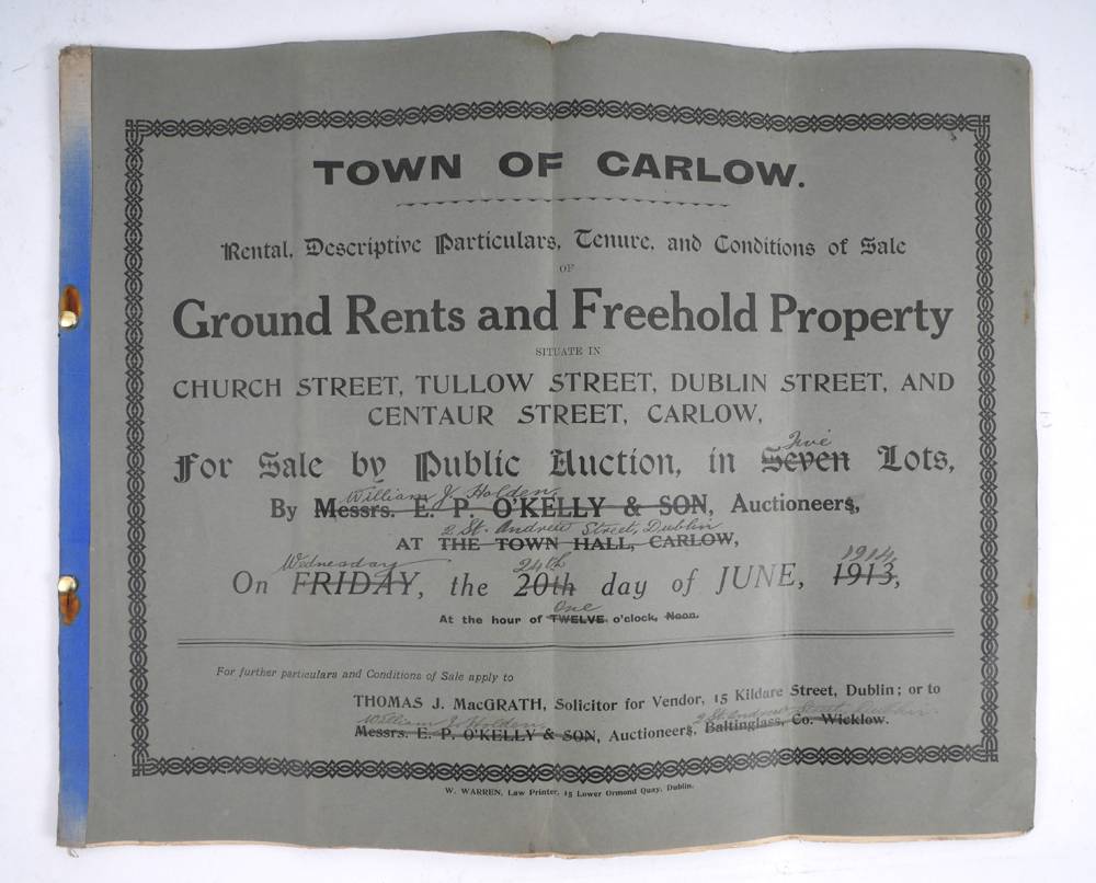1914 Town of Carlow, Auction of Ground Rents and Freehold Property. at Whyte's Auctions