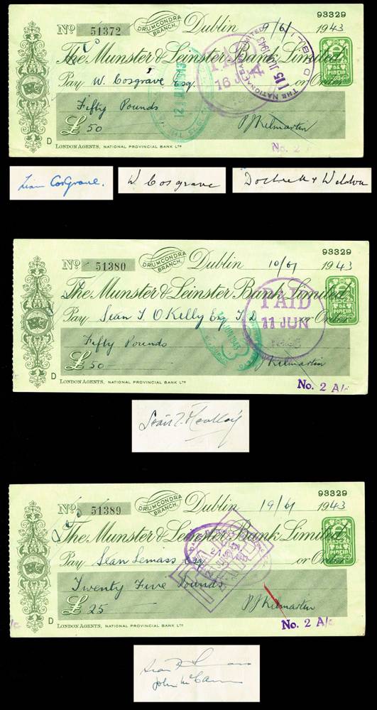 1943 Munster and Leinster Bank cheques to Irish politicians from Ireland's biggest bookmaker, PJ Kilmartin. at Whyte's Auctions