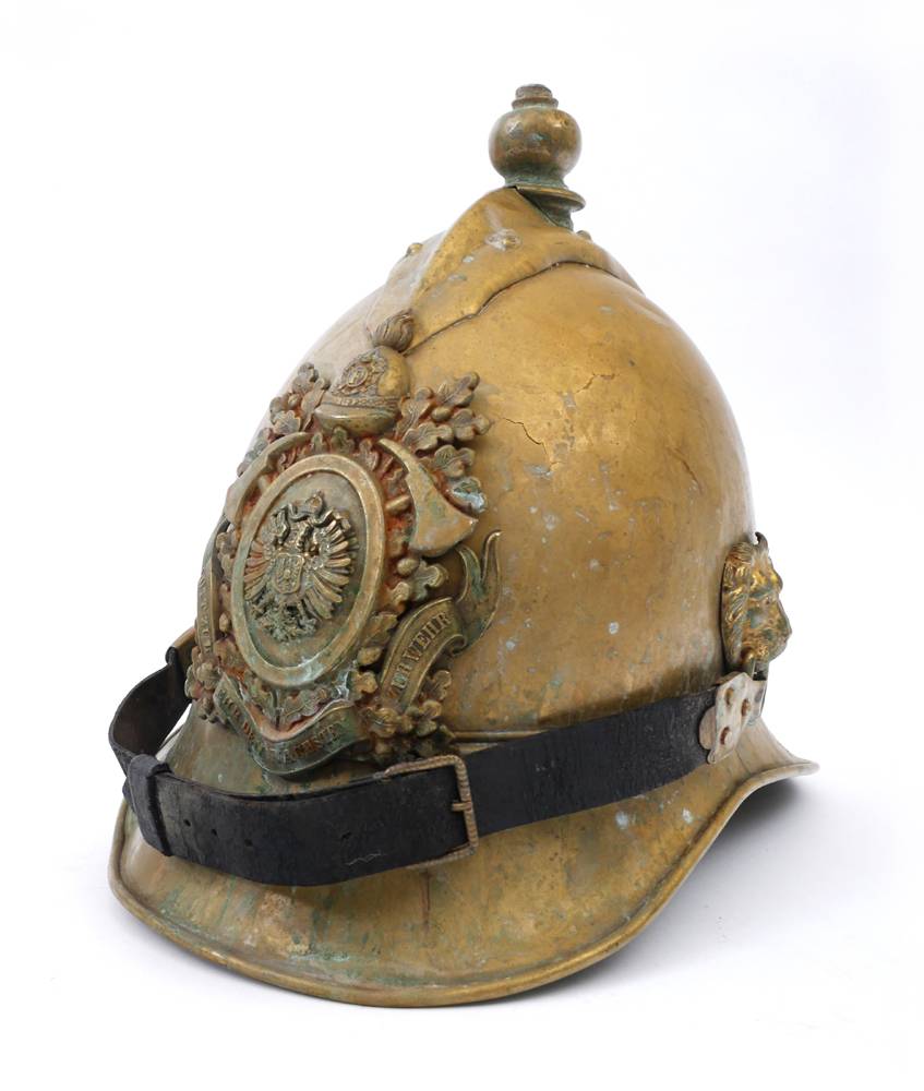 19th century German brass firefighter's helmet. at Whyte's Auctions