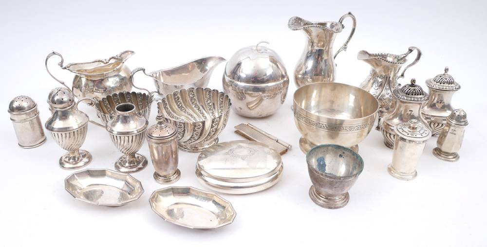 Sterling silver tablewares, teawares and condiments. at Whyte's Auctions