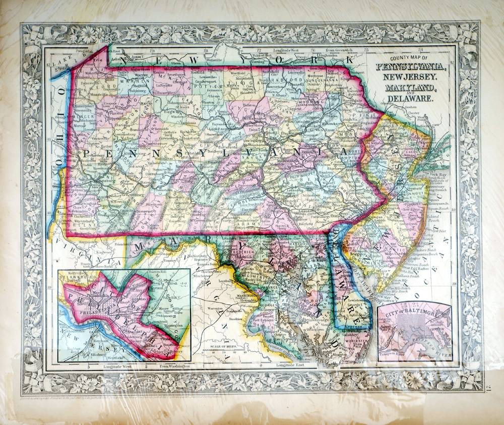 1860 Map of Pennsylvania, New Jersey, Maryland and Delaware; a city plan of Philadelphia and a view of Philadelphia. at Whyte's Auctions